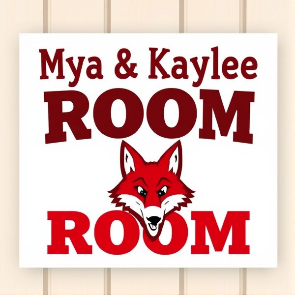 Custom printable door sign 'Mya & Kaylee's Room', playful bold typography, University of South Dakota Coyotes mascot illustration, red and white colors