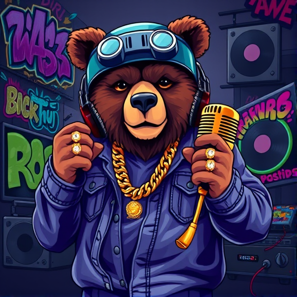 Un ours anthropomorphe adoptant une pose décontractée caractéristique du style hip-hop, vêtu d'un casque de DJ surdimensionné et d'une veste en denim ornée de graffitis multicolores éclatants. L'ours tient fermement un microphone doré dans sa patte parée de multiples bagues étincelantes serties de pierres précieuses. Autour de son cou, il arbore des chaînes en or épais qui reflètent son identité profondément ancrée dans la culture urbaine. En toile de fond, un paysage urbain vivant avec des fresques murales détaillées présentant les icônes du rap telles que des platines et des vinyles. La scène baigne dans une atmosphère sombre et mystérieuse mais pleine de vie.