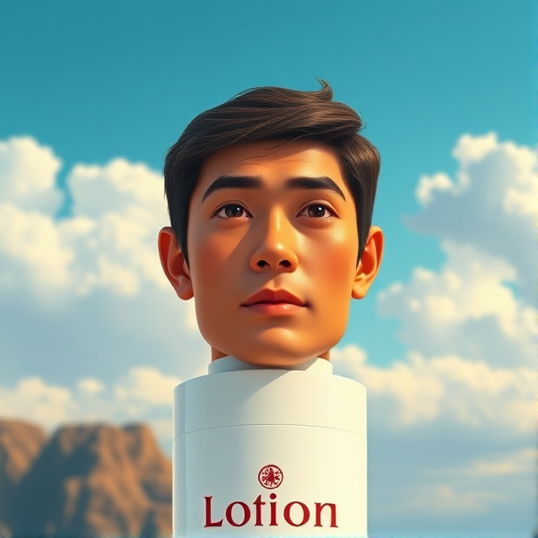 Human face realistically photoshopped onto a white cylindrical lotion bottle, detailed facial features like eyes, nose, and mouth seamlessly integrated with the label, skin tone of the face matching the texture of the bottle's surface, expression neutral and looking straight ahead, high-resolution image emphasizing the smooth blend where the neck would typically begin transitioning into the cap of the lotion bottle