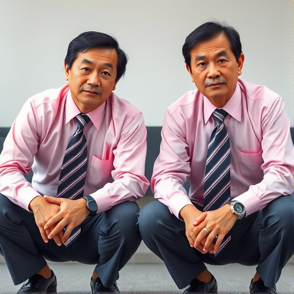 2 businessmen viril  japonais senior accroupis  avec une cravate à larges rayures large et chemise rose. Ils regardent la caméra