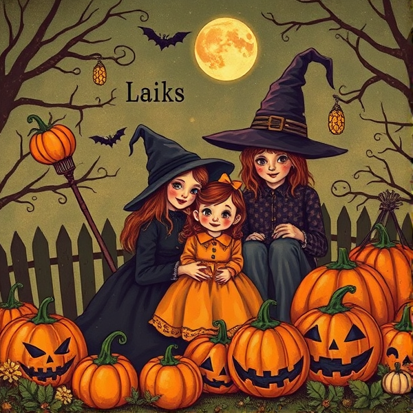 Halloween witch family and pumpkins with room to add text to the image that looks like vintage art