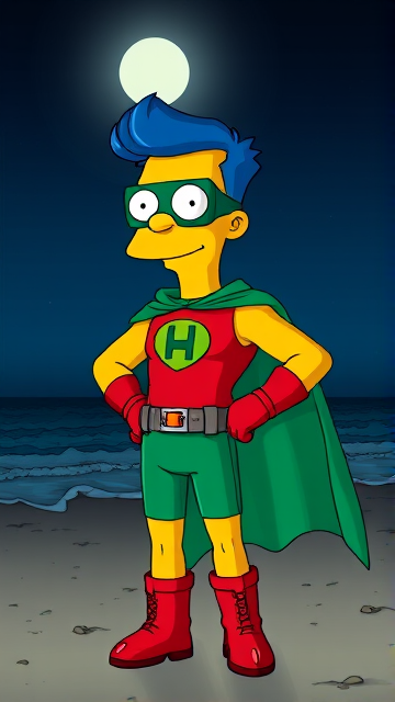 Milhouse Van Houten from The Simpsons, with his yellow skin, really big round nose, and blue hair that's slicked back and curled up at the top, but as an 18-year old teenager, dressed as a parody of Robin, The Boy Wonder, with an extremely muscular torso and arms, a green bodysuit with a red torso adorned with a green H symbol on his chest, a grey utility belt, red boots, red long-cuffed gloves, a big green cape, and a green eye mask with optical lenses in it, now known as Houseboy, The Nerd Wonder, the other half of Springfield's Dynamic Duo, and one of the greatest vigilante superheroes ever known in Springfield. He is currently standing on the beach at night, taking a break from his heroic duties to reflect on his growth and transformation into the vigilante he has become.