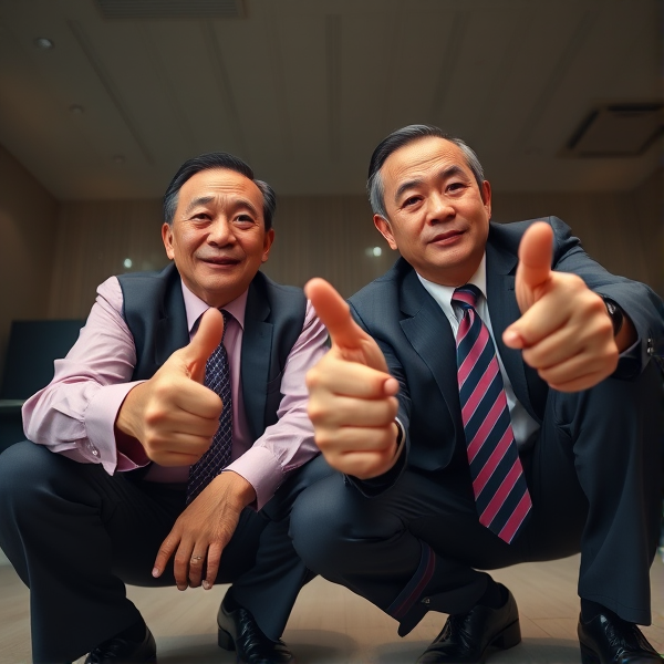 Deux hommes d affaires japonais senior accroupis qui regardent la caméra 
Chemise rose foncée et longue cravate rayée large. Businessmen snaps their fingers 

Vue contre-plongée