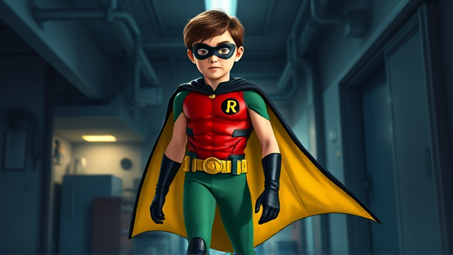 Movie Scene: A medium, preteen 12-year old boy with light skin and dark brown hair named Connor Bardley, but dressed as Robin, The Boy Wonder, with an extremely muscular body, a sleek green suit with a red torso with a black circle with a yellow R symbol on his left pectoral, a gold utility belt, black boots, black long-cuffed gloves, a big, heel-length, ultra-wide cape that's black on the outside and yellow on the inside, and a black eye mask. He has a special code: HE DOES NOT KILL. Young 12-year old Connor Bardley, now Robin, The Boy Wonder, is seen walking through a dark laboratory at night, looking for clues to the mystery he is trying to solve.