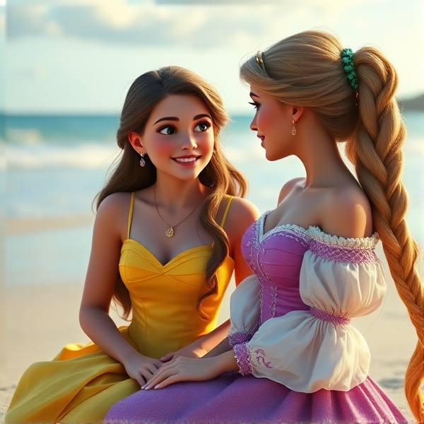 Deux filles : Belle et Raiponce sont sur une plage et discutent ensemble elles sont très heureuses.