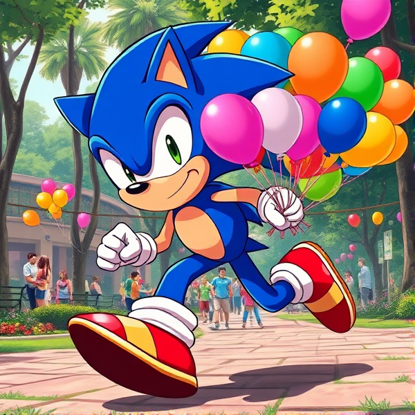 Sonic the Hedgehog captured mid-stride in a dynamic running pose, gripping a vivid collection of assorted balloons 500 each measuring 16 inches, amid a bustling park filled with activity and greenery, all illustrated in a richly saturated anime art style