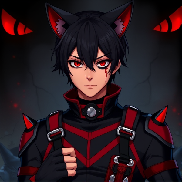 My hero academia styled oc, male with sleek jet-black hair and piercing black eyes, adorned with distinctive cat ears that have vibrant red tips.His hero costume boasts a striking black and red theme, featuring a high neck collar with silver accent buckles, and is accentuated by an array of straps that crisscross his torso for both aesthetic appeal and utility; some straps hold small pouches possibly containing hero gadgets. The costume is designed for full mobility while showcasing his full head and unique ears; the material appears durable yet flexible, with reinforced red padding at the joints for protection. A noticeable black spot is situated over his left eye like a stylized birthmark or emblem, adding to his enigmatic appearance. He sports fingerless gloves that match the costume's color scheme. The background should be dark with red demonic eyes peering through shadows, conveying an eerie ambiance. The environment has subtle details hinting at a battle-damaged setting such as cracked walls or scorched ground which may reflect the aftermath of a hero’s confrontation, complementing his hero persona without detracting from it. While blood runs down from the side of his head adding intensity to the scene as if he just finished an arduous battle. And a scar through his eye. A sorta younger face like dekus
