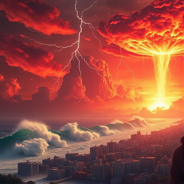 Apocalypse dramatique avec des ciels rouges flamboyants, des éclairs déchirant les nuages, de grandes vagues submergeant les villes et des météorites tombant sur un paysage urbain en ruine, le tout éclairé par une lumière surnaturelle