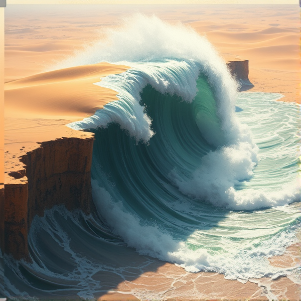 Create an image of a giant tsunami flowing through the sahara desert