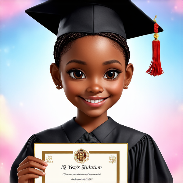 jeune fille noire de huit ans avec des tresses africaines traditionnelles, habillée élégamment pour une cérémonie de remise de diplôme, tenant son certificat, souriante et fière