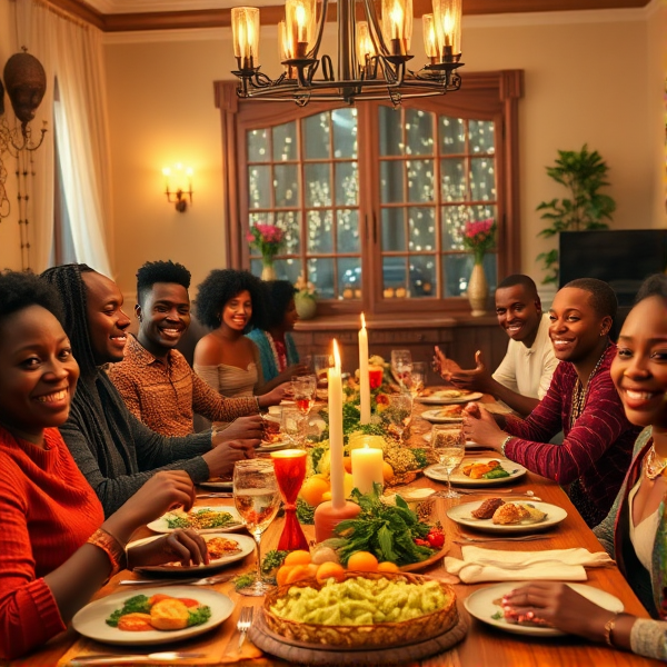 repas chaleureux d'une grande famille afro-américaine réunie autour d'une table festive, sourires et complicité, cuisine traditionnelle, intérieur accueillant