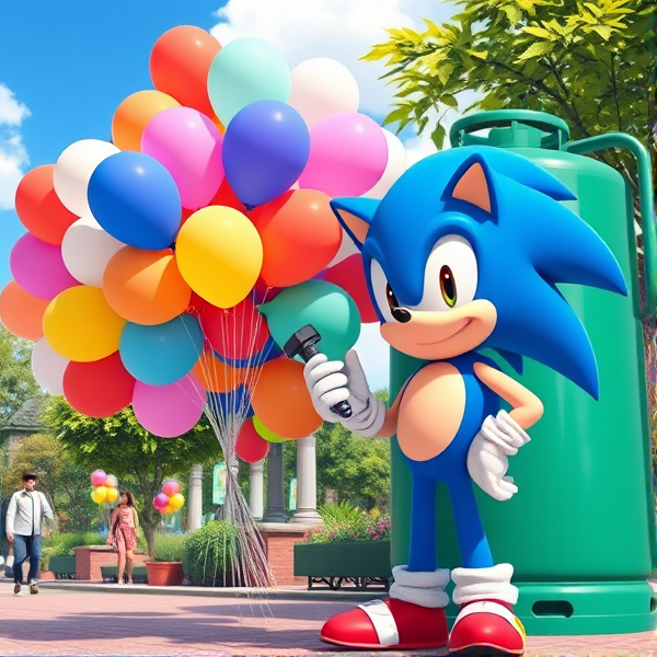 At the sunny day park Sonic the Hedgehog standing right next to a large helium gas cylinder tank, holding a nozzle attached to a vibrant cluster of assorted 16 inch balloons 450 each
