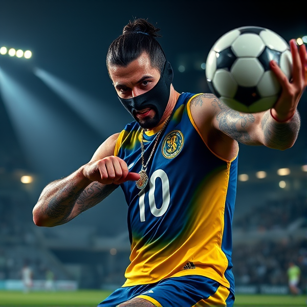 Zlatan Ibrahimovic en pleine action décochant un tir puissant du pied droit dans un ballon de football, ses muscles définis et tendus mis en évidence par un éclairage théâtral qui crée des jeux d'ombres et de lumières contrastées dans le stade. Il est équipé d'un masque de ski noir aux reflets métalliques qui intensifie son regard perçant, tandis qu'une chaîne en or avec un médaillon du lion suédois pèse sur son torse sculpté. À son doigt brille une bague en or incrustée d'une gemme étincelante. Une brume dense s'enroule autour du terrain, contribuant à une ambiance mystérieuse alors que des projecteurs coupent l'obscurité pour révéler des silhouettes estompées dans les gradins. Le numéro 10 ressort brillamment sur son maillot bleu et jaune vibrant, reflétant les couleurs nationales de la Suède et renforçant sa fierté patriotique. Zlatan adopte la pose féroce d'un prédateur au moment de frapper, dominant les adversaires hors-champ avec autorité. Son expression affiche une concentration absolue et la résolution caractéristique du joueur en plein effort. Sur ses bras tatoués se détachent des motifs complexes évoquant ses nombreux succès sportifs. Ses yeux brillent d'une lueur métallique comparable à celle d'armes prêtes à faire feu, sous le regard bienveillant d'une lune argentée qui confère à la scène une qualité surnaturelle presque théâtrale.