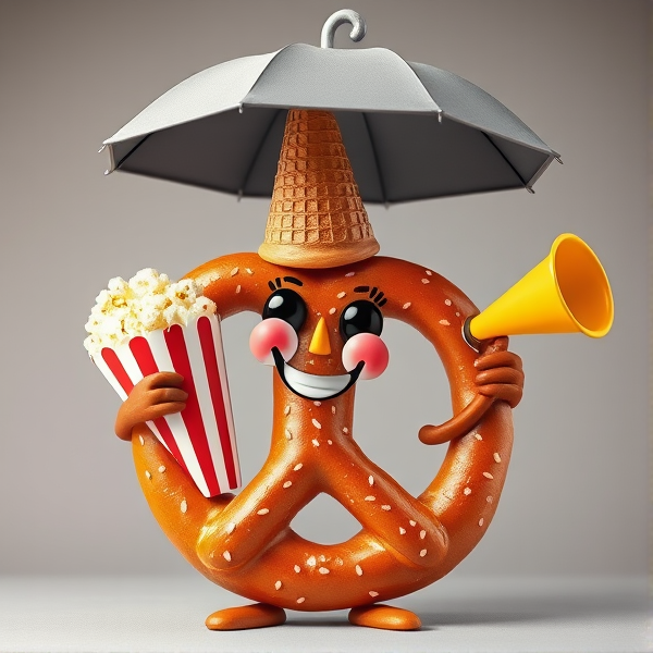 Je voudrai une bretzel salée heureuse qui tient un gros pop corn sous le bras avec un parasol gris carré au dessus de la tête , avec un cône de glace sur la tête et un klaxon pouet -pouet dans l'autre main