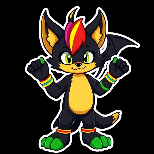 Unique fursona cat dog fox wolf dragon hybrid black and yellow furry with scenecore fingerless gloves  and rainbow hair tuft, brightly coloured bracelets over the hands. Green paw pads full body artwork reference cartoony styled furry full body showing silly scenecore lil guy :3 standing on two legs with outline with black and green striped fingerless brightly colored gloves with tiny black dragon wings. Tiny small top hat with big ram like yellow horns