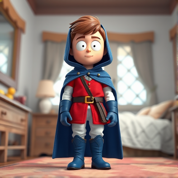 Clyde Donovan from South Park, light skin and brown hair, but as a 14-Year Old, dressed as a medieval prince with a red shirt with white sleeves, a black belt with a gold buckle, white pants, blue boots, blue long-cuffed gloves, and wreathed in a big blue hooded cape, now known as Prince Donovan. Despite still being a kid, he is the Youngest Ruler of South Park, Colorado, but now reborn as the real life Kingdom of Kupa Keep, Zaron, and Prince Donovan is its youngest and greatest hero. The young teenage prince of Kupa Keep is currently standing in his bedroom in his new home of Kupa Keep Castle, preparing to set out for adventure.