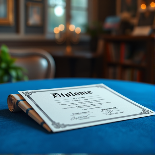 Diplôme écrit en français posé sur une table  bleue