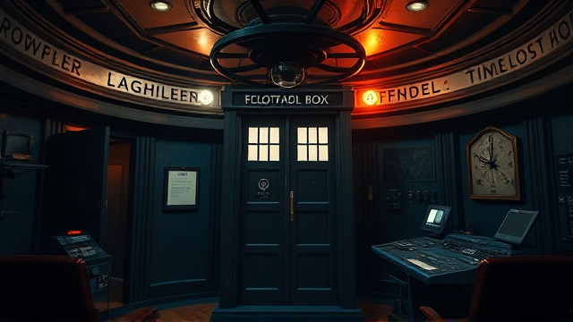 Eerily lit TARDIS console room from 1980's era. Time rotor raised & alight.