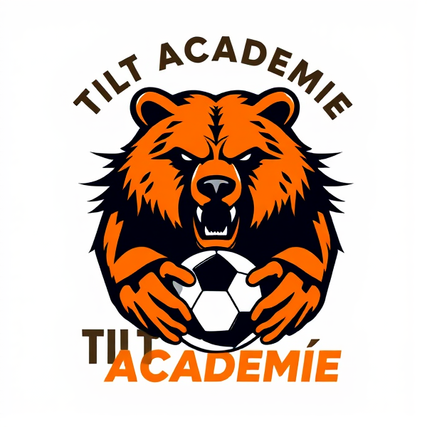 Conception d'un logo dynamique et audacieux pour Tilt Académie, club de football. Au centre, un ourson grizzly dessiné avec une grande précision et finesse artistique, symbolisant la force et la détermination. Autour de lui, des motifs graphiques abstraits suggèrent le mouvement rapide et l'enthousiasme pour le sport : lignes sinueuses évoquant la vitesse et formes géométriques pleines d'énergie. La palette se compose principalement d'orange vif et de noir profond pour un contraste saisissant. Le design global est distinctif, capturant l'esprit du jeu compétitif avec un ourson grizzly qui semble prêt à bondir dans l'action. "Tilt Académie" est incorporé harmonieusement autour du motif central avec une typographie moderne et impactante. Un ballon de football est adroitement intégré au design pour renforcer l'identité footballistique du logo. L'esthétique générale doit fusionner tradition et innovation, convenant parfaitement à un emblème de club sportif