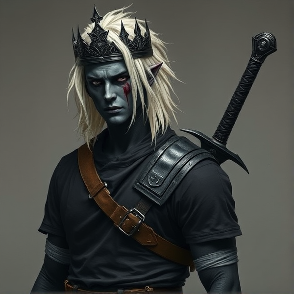 A male human with completely black skin, a black tee with bandages, bounty hunter armor covering his bottom half, white hair with some blood on the right part of the hair, a black crown, a black crying entity face with no mouth, and a sword in its sheath on his back