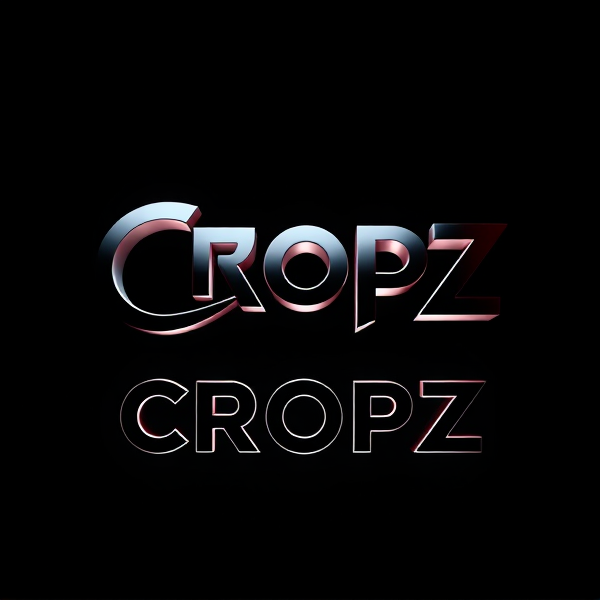 Highly detailed, high-contrast 3D logo of "CROPZ" designed in a sleek, stylish sans-serif and bold font, dynamically leaping from a pitch-black backdrop with intense and strategic illumination by the Capcut app logo. The logo features futuristic curves that are both sharp and fluid, exhibiting smooth metallic surfaces that reflect light, creating a sense of excitement and dynamism. Rendered to exhibit a rich and vivid Pixar-animation style characterized by crisp lines, pronounced geometric shapes, with an emphasis on vibrant color palettes and glossy finishes. Utilization of advanced rendering techniques inspired by Unreal Engine's realism, Octane Engine's lightning-fast ray tracing abilities, and V-Ray's global illumination for heightened visual impact. The overall aesthetic is amplified to be exaggeratedly surreal with a sci-fi inspiration that is strikingly eye-catching without any trace of subtlety or minimalism