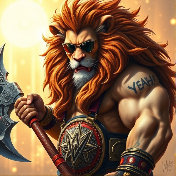 Un Lion barbare dieux du soleil une hache, avec des poils de lion et une carrure imposante et avec la ceinture de la wwe le catcheur et ces lunettes de soleil, il a un tatoo sur le bras écris YEAH!