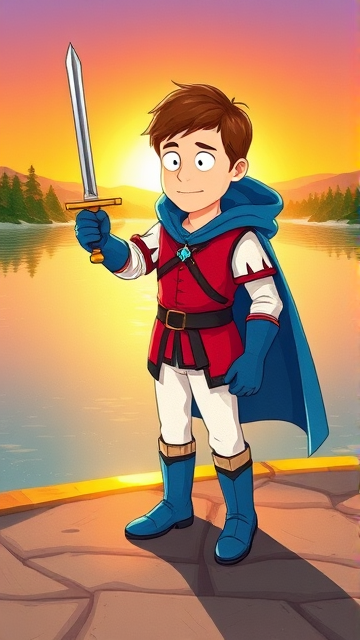 Clyde Donovan from South Park, light skin and brown hair, but as a 14-Year Old, dressed as a medieval prince with a red shirt with white sleeves, a black belt with a gold buckle, white pants, blue boots, blue long-cuffed gloves, and wreathed in a big blue hooded cape, now known as Prince Donovan. Despite still being a kid, he is the Youngest Ruler of South Park, Colorado, but now reborn as the real life Kingdom of Kupa Keep, Zaron, and Prince Donovan is its youngest and greatest hero. His weapon is the legendary enchanted sword called the Sword Of Zaronia, which he swings with pride as he slashes his enemies down to size. The young teenage prince of Kupa Keep is currently standing by the shoreline of a lake, wondering what his next adventure will be.
