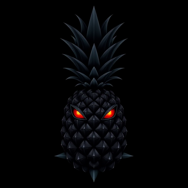 Conception d'un logo raffiné avec un ananas de couleur noire et stylisé, orné de motifs gothiques prononcés pour une ambiance sombre et menaçante. Intégration d'éléments décoratifs inspirés par l'ère victorienne, complétée par des symboles occultes subtils. L'ananas arbore une texture imitant le cuir noir finement travaillé et est embelli avec des épines acérées et pointues. Les yeux de l'ananas dégagent une lumière rouge sang intense évoquant une force sinistre. Le design doit être sophistiqué et mature, empreint d'une touche de mystère victorien et d'occultisme discret.
