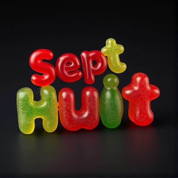 Create a realistic image of gummy candy but it looks like the words “Sept” and “Huit”
Make sure the two words are spelled exactly as I have written them. Make it one one image where “Sept” is on top of “Huit”