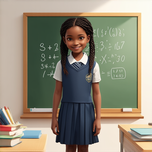jeune fille noire de 10 ans, vêtue d'un uniforme scolaire des tresses africaines, debout souriante et concentrée devant un tableau noir rempli de calcul mathématique dans une salle de classe ensoleillée et colorée avec des bureaux en bois et des affiches éducatives sur les murs