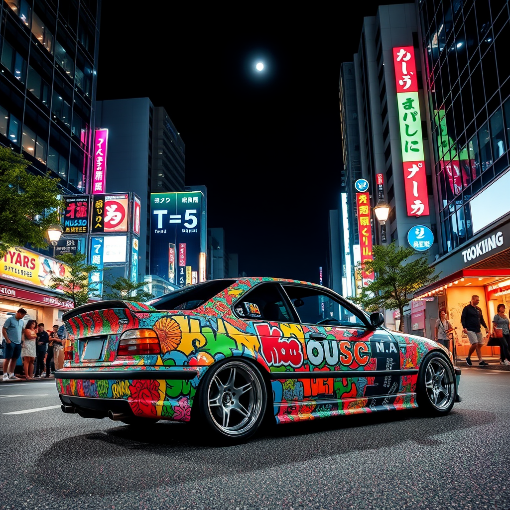 Scène nocturne animée de Tokyo: BMW M3 de l'an 2000 superbement modifiée, parée d'une mosaïque de graffitis colorés dans un style hip-hop qui recouvrent élégamment sa carrosserie, éclatante sous les lumières de la ville. Cette œuvre d'art automobile circule doucement sur une avenue vivante sous le ciel étoilé, bordée par des gratte-ciels modernes aux façades de verre et aux lignes futuristes. Des néons multicolores et enseignes lumineuses se reflètent sur la carrosserie brillante, tandis que des arbres épars offrent un contraste naturel dans ce paysage urbain. Les trottoirs larges sont peuplés de piétons en tenues colorées qui ajoutent à la diversité et au dynamisme ambiant. Les cafés en terrasse ponctuent le décor avec leur atmosphère chaleureuse. La lune brillante et les lampadaires diffusent une lumière douce, créant des jeux d'ombres subtils sur l'asphalte.