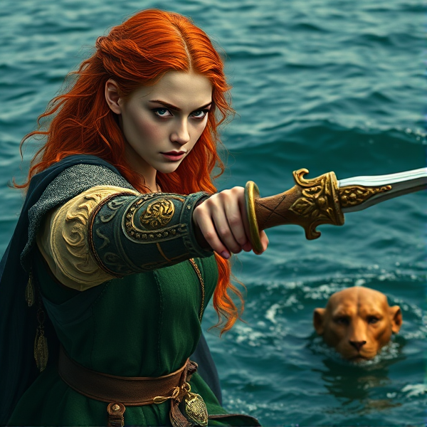 Red haired Caucasian Arthurian princess points her sword with a lion hilt towards a sea servant in the sea
