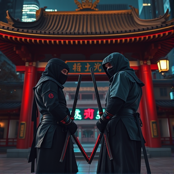 Two ninjas stand in the entrance to a Japanese temple at night ready to fight each other