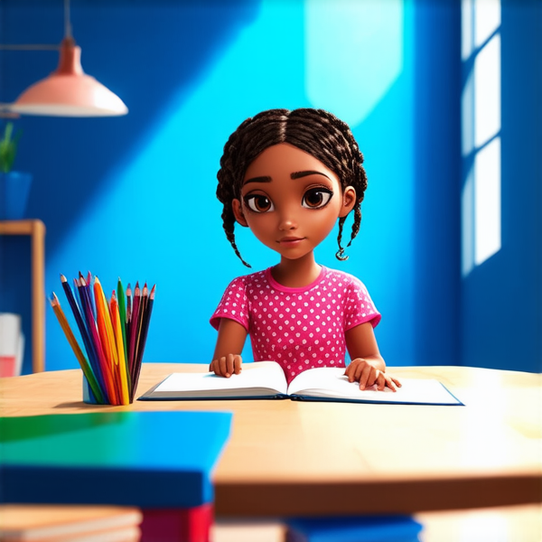 deux fillettes africaines de huit ans aux tresses africaine assises côte à côte, concentrées sur leurs livres de leçons posés devant elles sur une table éclairée, dans une chambre lumineuse et colorée, avec des fournitures scolaires éparpillées autour