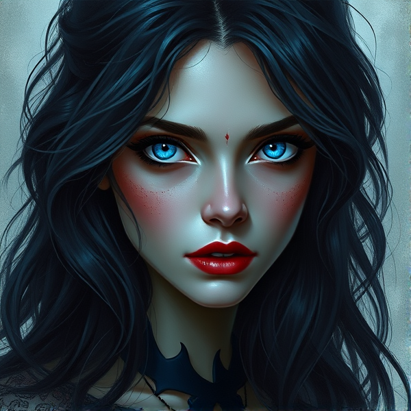 Vampire Katherine Pierce with bright blue eyes and dark black hair