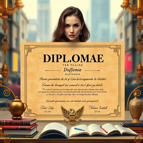 Prompt: Diplôme de français avec des bordures dorées sophistiquées, un sceau officiel en relief, une typographie classique et claire sur un fond en parchemin texturé, le tout présenté dans un cadre académique avec des livres et des symboles éducatifs posé sur table dans un cadre