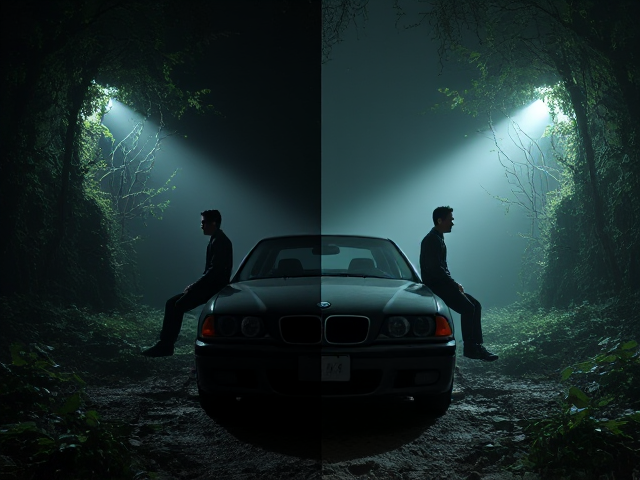 Je veux une image en deux parties avec un côté jour et l'autre nuit, Une voiture entre les deux parties, je veux un gars assis sur la voiture côté nuit et un autre assis sur la voiture du côté jour