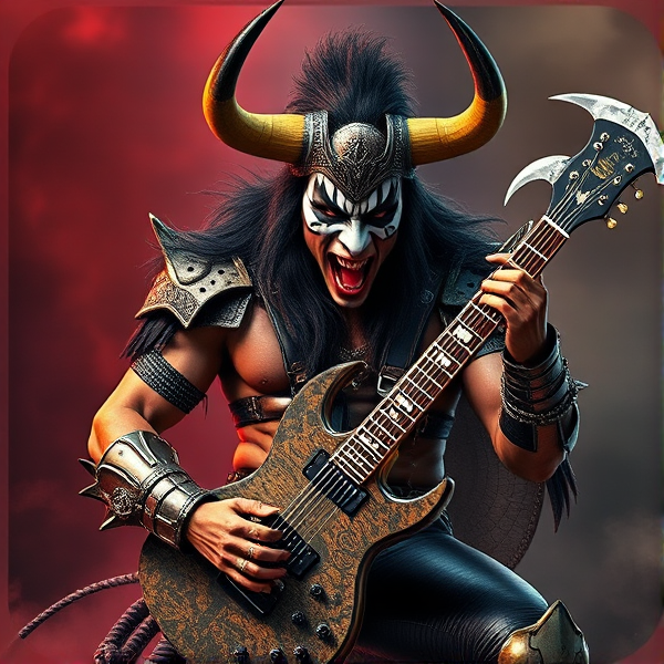 Créer une image d'un minotaure guerrier avec une guitare hache gène simmons