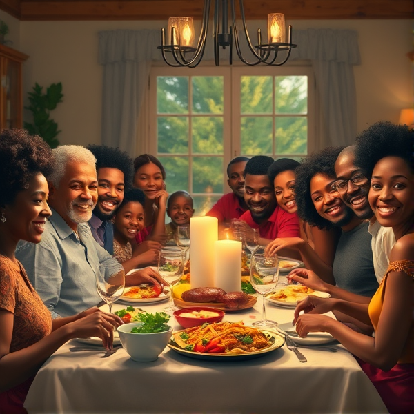 repas chaleureux d'une grande famille afro-américaine réunie autour d'une table festive, sourires et complicité, cuisine traditionnelle, intérieur accueillant