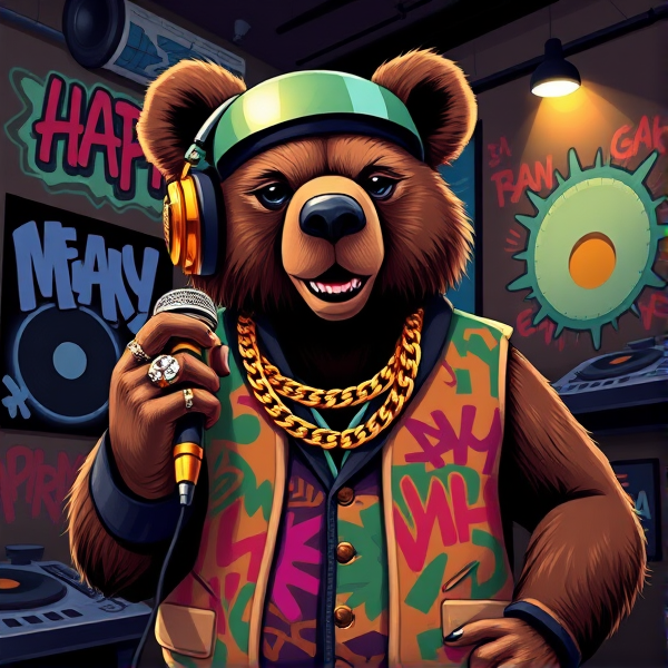 Un ours anthropomorphe cool adoptant une posture décontractée inspirée du hip-hop, avec un casque de DJ surdimensionné posé sur la tête et un gilet kangourou stylisée couverte de graffitis multicolores et vibrants. Dans sa patte, l'ours tient un microphone doré, tandis que ses doigts sont ornés de bagues bling-bling serties de gemmes étincelantes. Autour de son cou massif reposent des chaînes en or massif, témoignages éclatants de son appartenance à la culture hip-hop urbaine. Le fond présente un paysage urbain animé avec des murs recouverts de fresques artistiques dépeignant les icônes du rap, incluant platines et disques vinyles. L'éclairage crée une ambiance sombre et mystérieuse qui souligne le dynamisme de la scène.