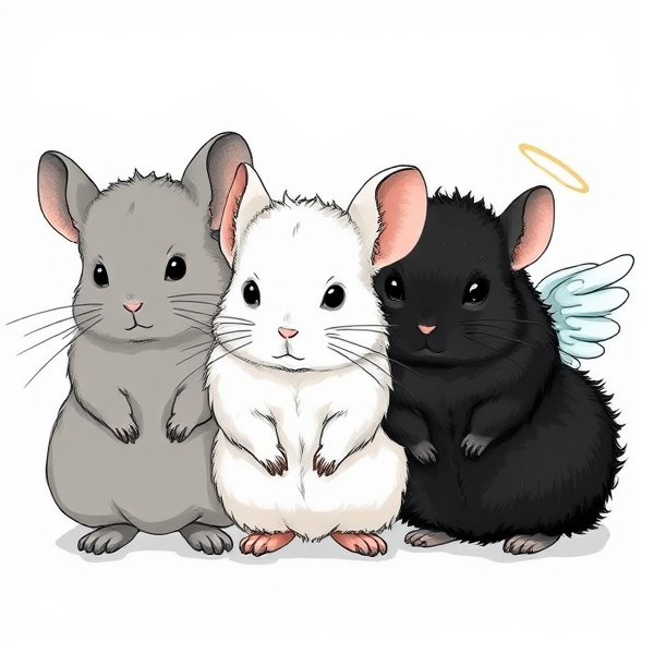 Dessin de 3 chinchillas pour une photo de profil instagram.
Un chinchilla gris, un fluffy chinchilla noir et un fluffy chinchilla blanc avec des ailes d'ange car il est décédé. Un dessin mignon type manga.