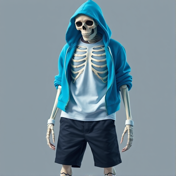 An effortlessly cool skeleton character outfitted in a vibrant cerulean blue hoodie layered over a stark white t-shirt, exuding a playful yet relaxed street style aura. The skeleton's lower half is adorned with sleek jet-black shorts, while its feet boast whimsical bubblegum pink flip-flops. Its bony hands are encased in immaculate white gloves, and above the flip-flops, clean white socks rise conspicuously. The ensemble radiates a laid-back vibe with an undercurrent of playful street fashion.