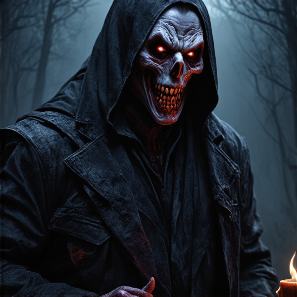 a man in a dark, atmospheric setting engaging in a tense conversation with a towering, sinister demon shrouded in shadowy mists, dimly lit by flickering torchlight