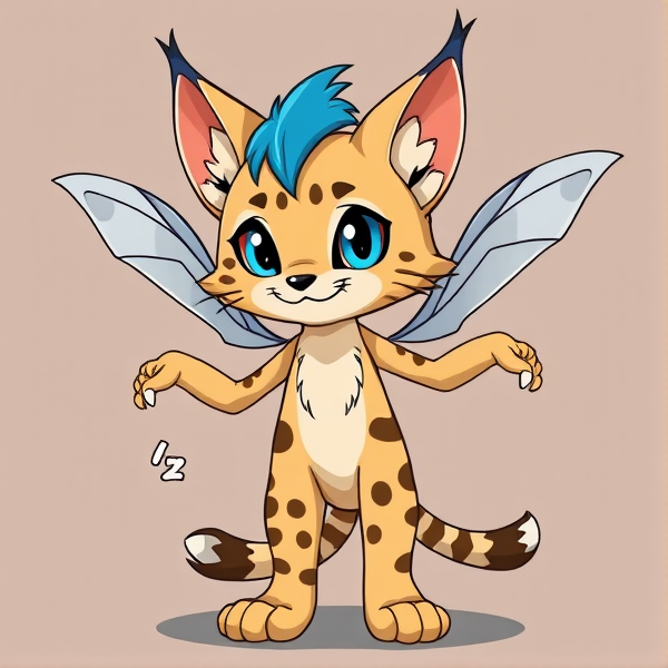Lynx beige fursona furry with brown and blue markings and blue ears, star blue antennae with 2 bug wings and 4 arms. Cartoony silly little Lynx fursona scenecore with a blue hair tuft. Standing on two legs and  no lighter markings standing on two legs