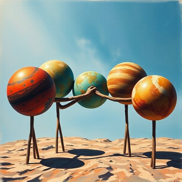 Seven oil-paint impasto planets standing in a circle, each with a unique appearance, passing a joint to each other in a friendly and relaxed manner, under the clear sky