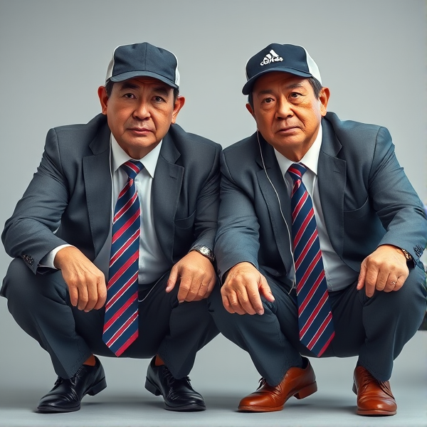 Deux  différents hommes d'affaires japonais puissants mature  accroupis et faché  portant des casquettes Adidas  et des cravates rayées longues  bleue rouge et oreillettes Apple 
Ils sont complices et conquérants , ils dominent 
 , accroupis pas trop et regard fort