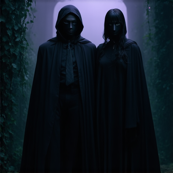 Un homme et une femme black côte à côte, vêtus élégamment de noir. Chacun porte une longue cape, une capuchequi couvre la tête et tombe gracieusement sur le corps, ajoutant une touche de mystère. Leurs visages sont dissimulés derrière des masques noirs intégraux, évoquant un air de mystère et d'élégance. La scène est baignée dans une lumière douce qui met en valeur les nuances pourpres des capes et le contraste saisissant avec leur tenue noire.