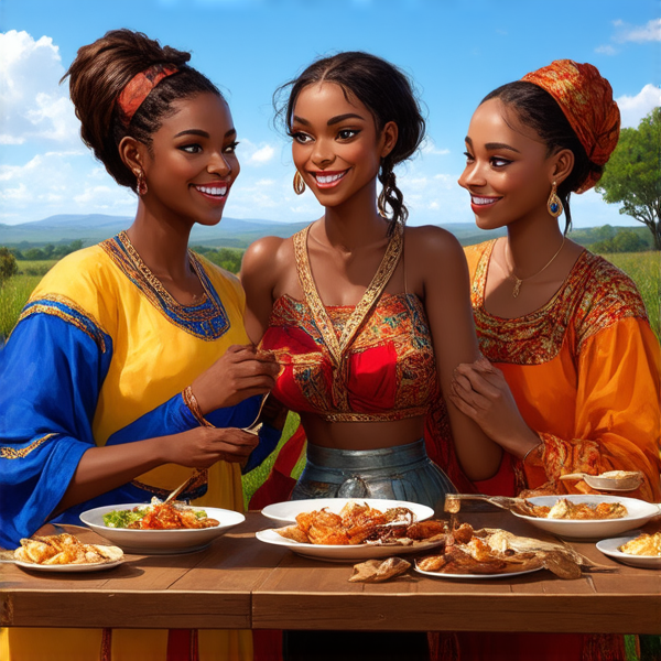 Famille nombreuse souriante réunie autour d'une table rustique en bois garnie de plats traditionnels africains, sous un ciel bleu dans un cadre champêtre avec des arbres et une végétation luxuriante, portant des vêtements africains colorés et variés, échangeant des rires et des conversations chaleureuses