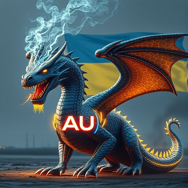 An intricately designed, streamlined dragon bearing the vivid acronym "AUO" on its chest in a radiant, luminous font that casts an electric glow, emanating waves of intense energy. The dragon's scales are a masterpiece of detailed circuit patterns that shimmer with a lifelike electrical pulse. From its nostrils, ethereal streams of digital smoke curl upwards, timed with the deep, resonant roars that showcase its electrified sharp fangs. As a respectful nod to tribute and unity, incorporate elements of the Ukrainian flag within the composition. This majestic creature resides in a desolate post-apocalyptic landscape that accentuates its powerful presence. In the background is the Ukrainian flag, a rectangle, with the top half blue and the bottom half yellow..