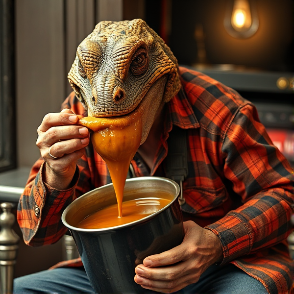 Cool old lizard blues singer drinking gravy from a pot the size of a house